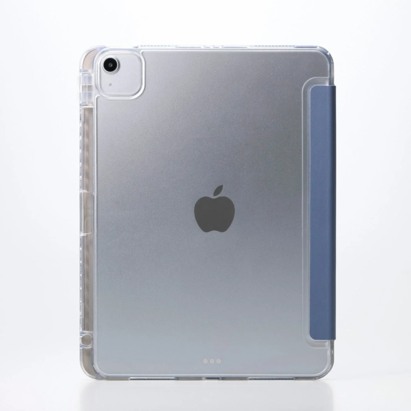 Rear view of an Apple iPad in a transparent protective case with a blue smart cover