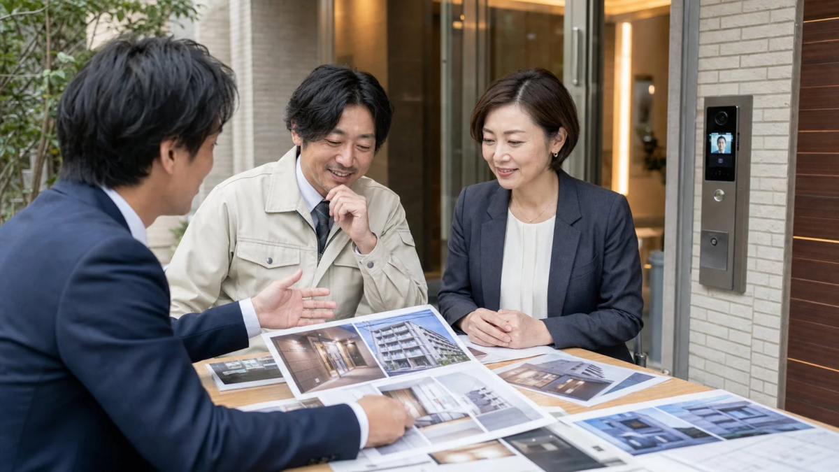 Sales representative explaining to a couple