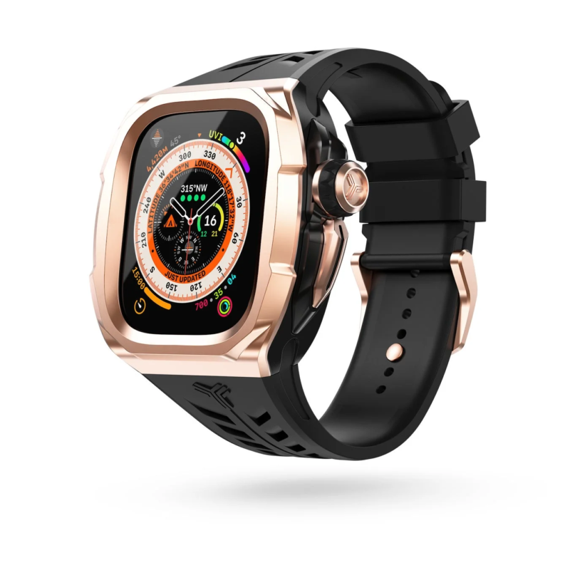 Rose gold Apple Watch case with black band