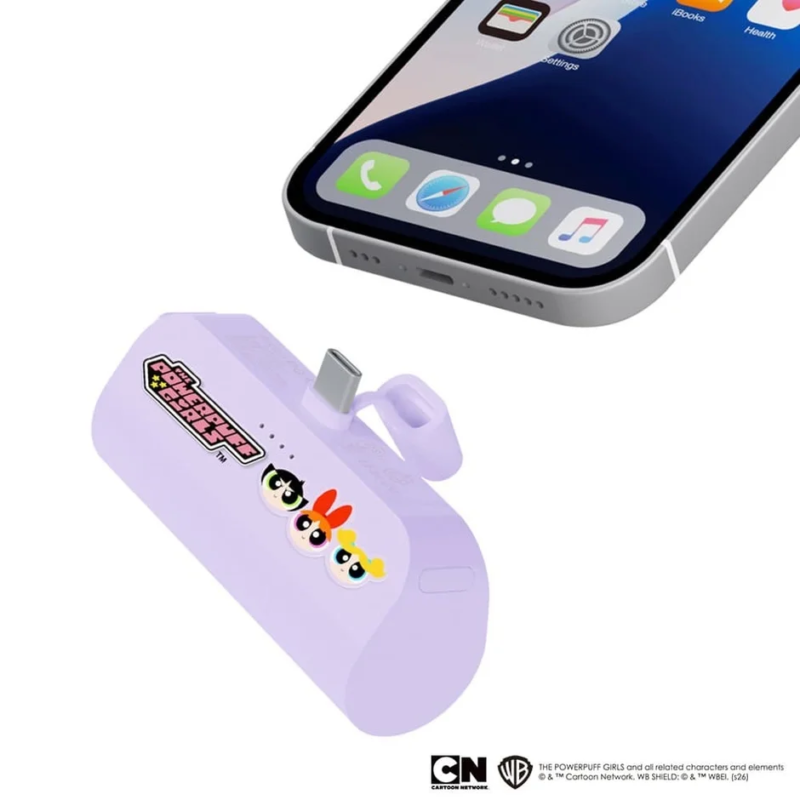 Powerpuff Girls Mobile Battery next to iPhone