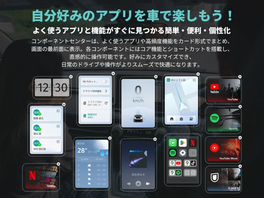 Customizable component center on car display, showing apps, weather, media, SIM settings.