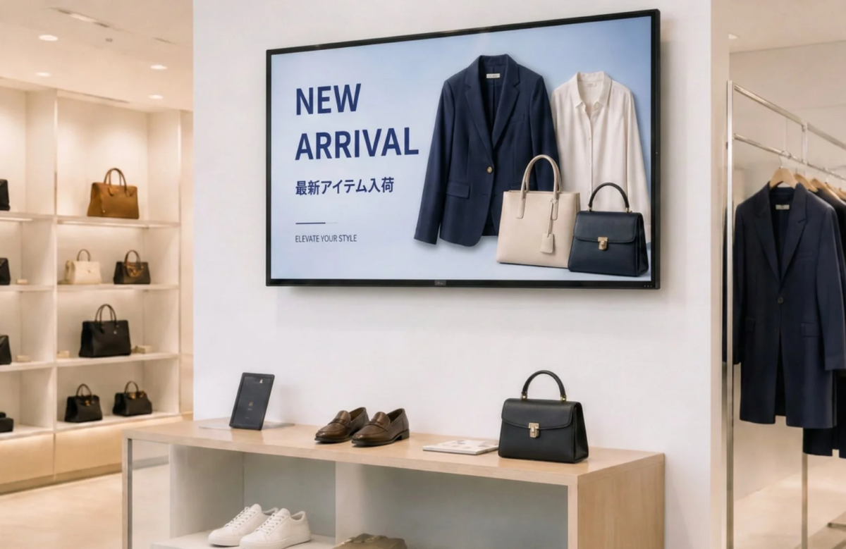 Modern apparel store with digital signage displaying new arrivals