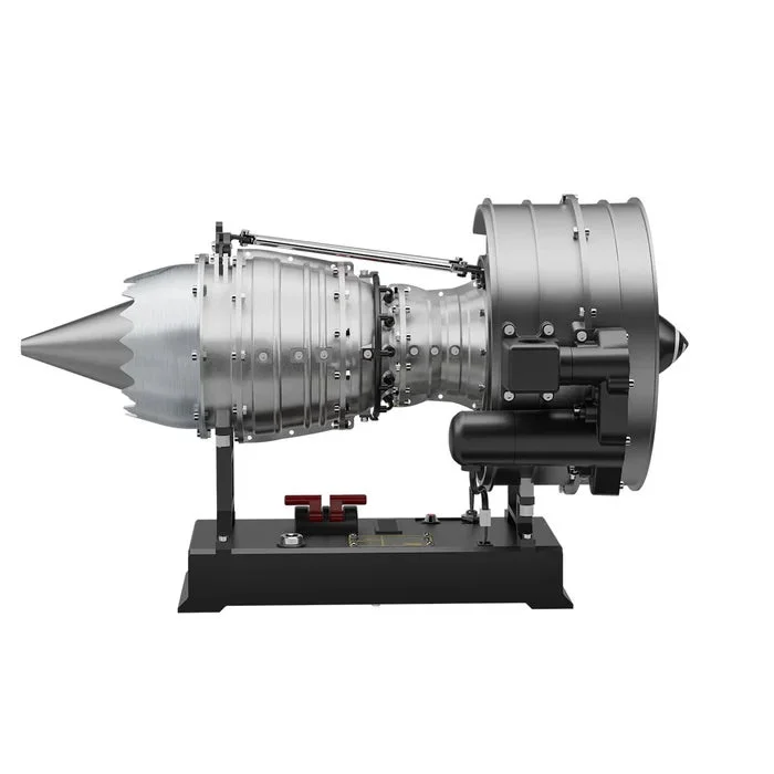 A finished model of a jet engine on a black stand.