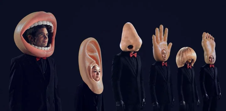 Characters representing body parts queuing