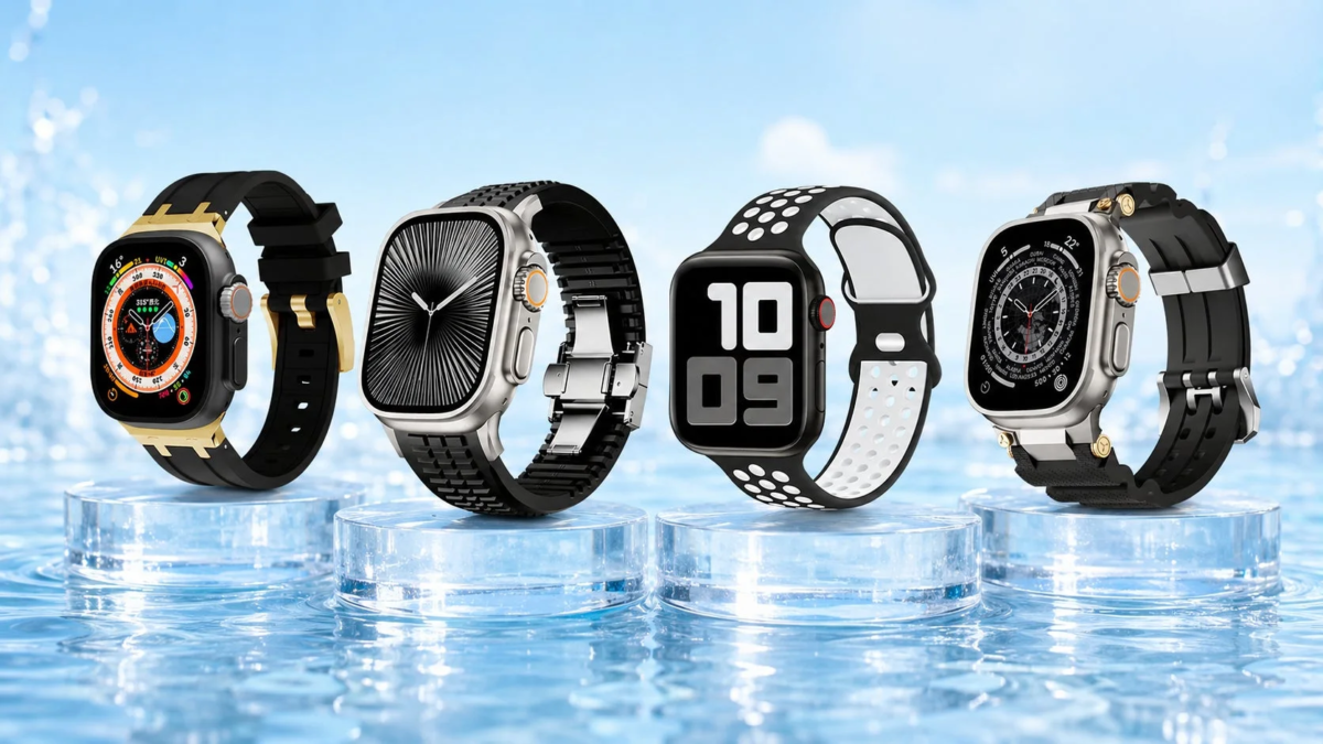 Four smartwatches on clear stands with water background
