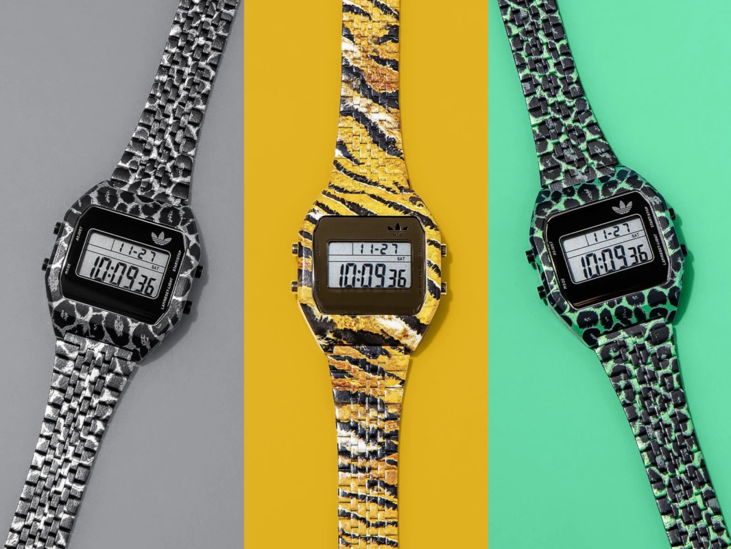 Three adidas Digital Two watches with animal patterns