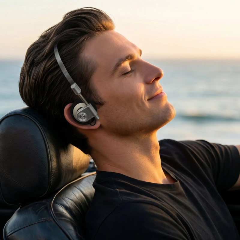 A man wearing headphones, relaxing in a car with a sunset ocean background