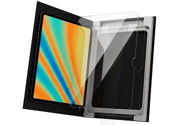 Image showing a tablet device and its liquid crystal protection film in its package.