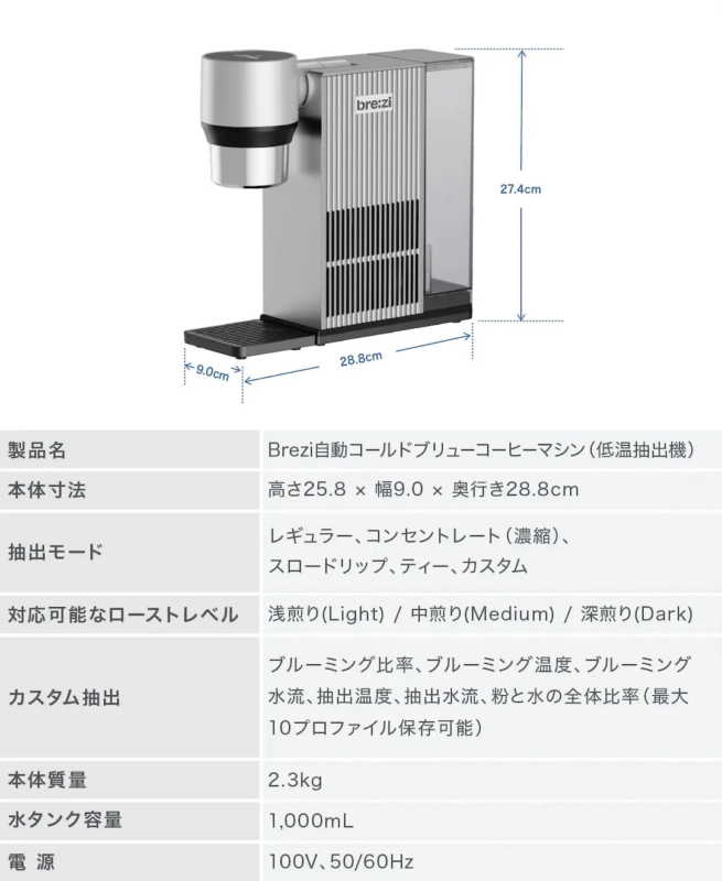 Brezi coffee machine with dimensions and specifications