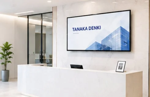 Modern office reception with large display showing company name
