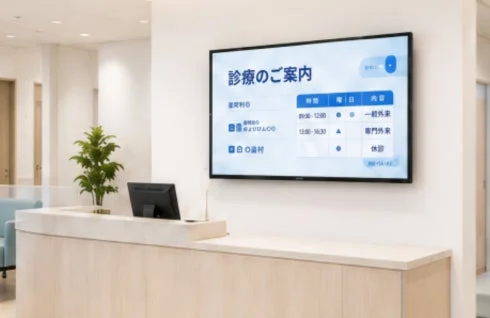 Hospital reception with digital signage showing consultation schedule