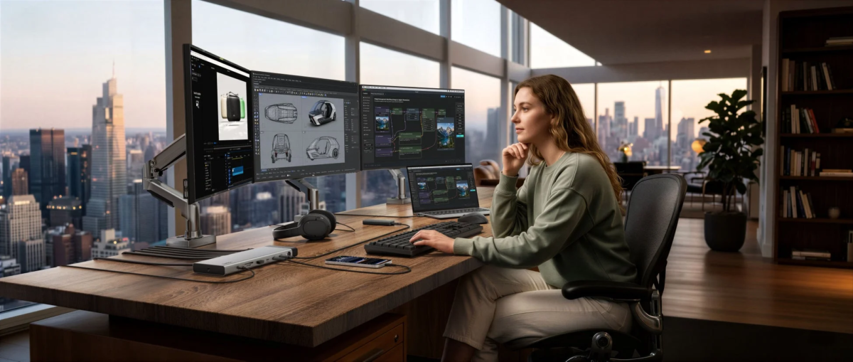 Woman at workstation with multiple monitors