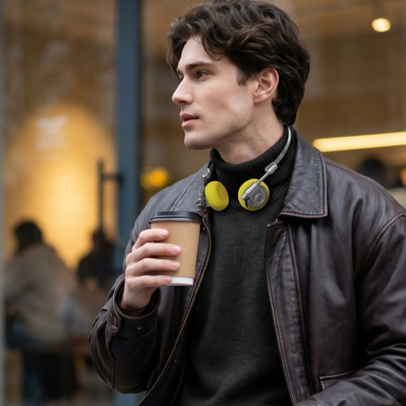 A man in a leather jacket with yellow headphones around his neck, holding a coffee cup