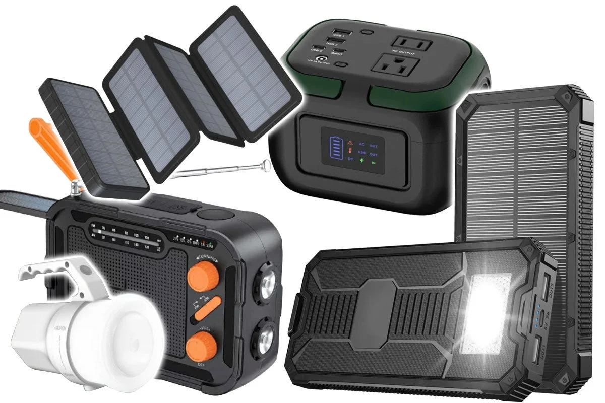 A collection of HIDISC disaster preparedness gadgets including a solar panel mobile battery, a multi-functional radio, and an LED flashlight.