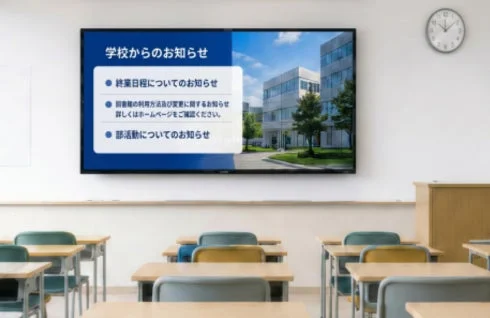 Classroom with wall-mounted display showing school announcements
