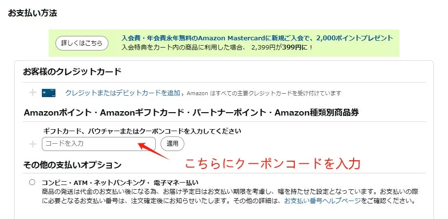 Amazon payment screen, showing credit card, gift card, coupon code input.