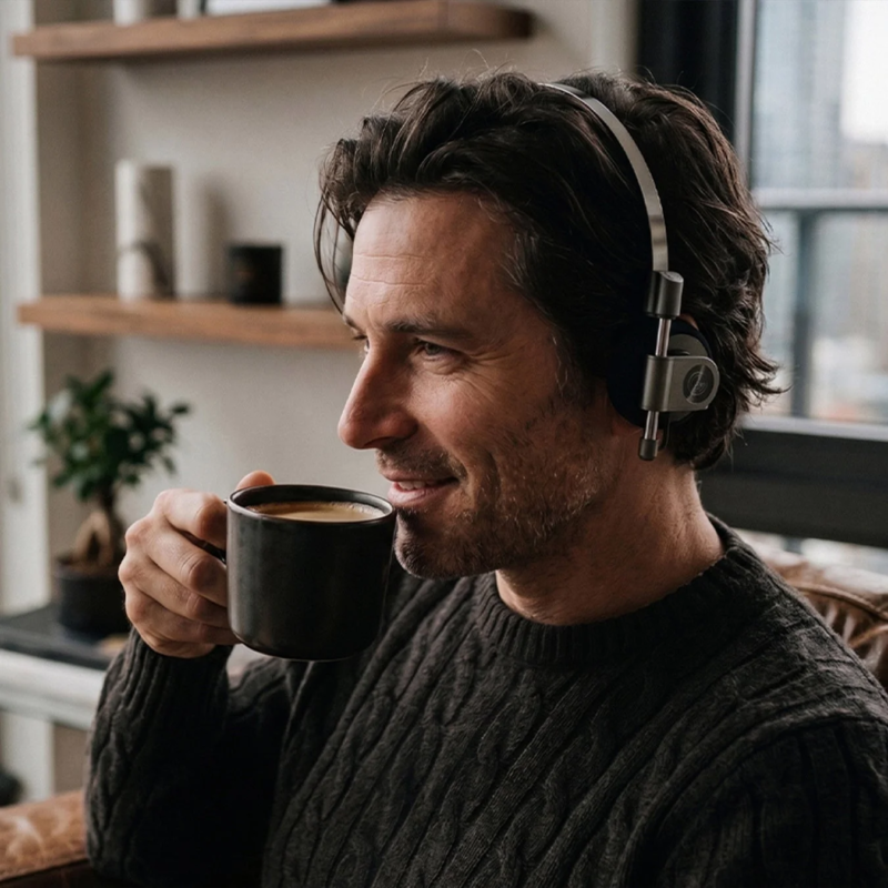 A man wearing headphones and drinking coffee at home