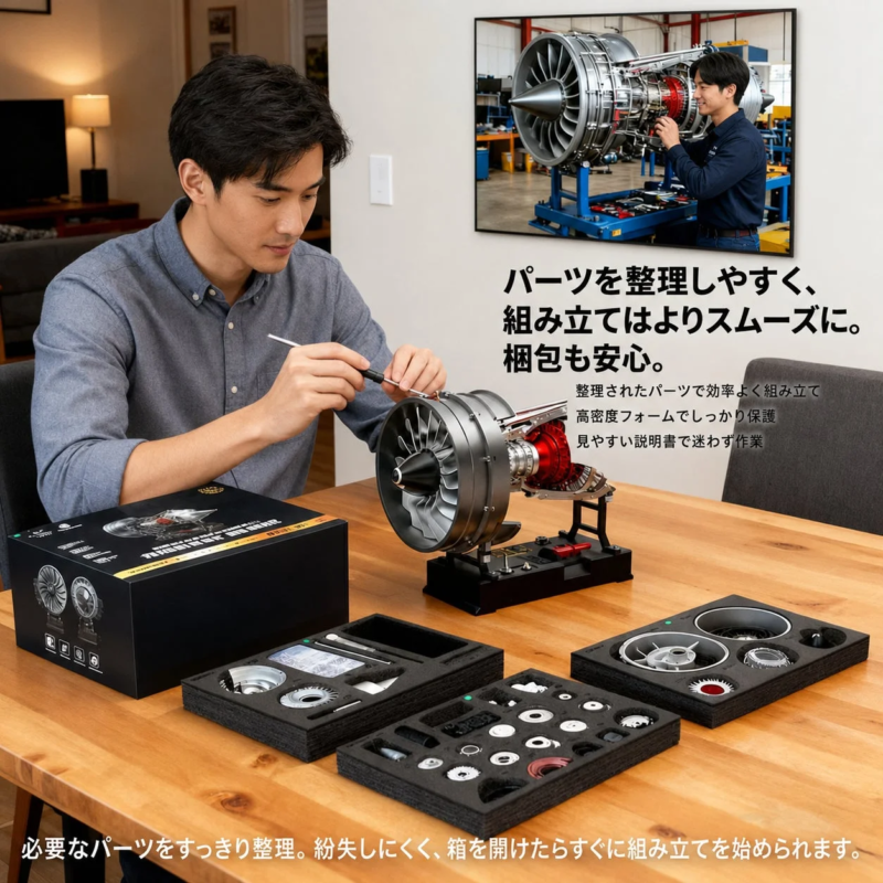 A man assembling a jet engine model on a table, with neatly organized parts and an instruction manual.