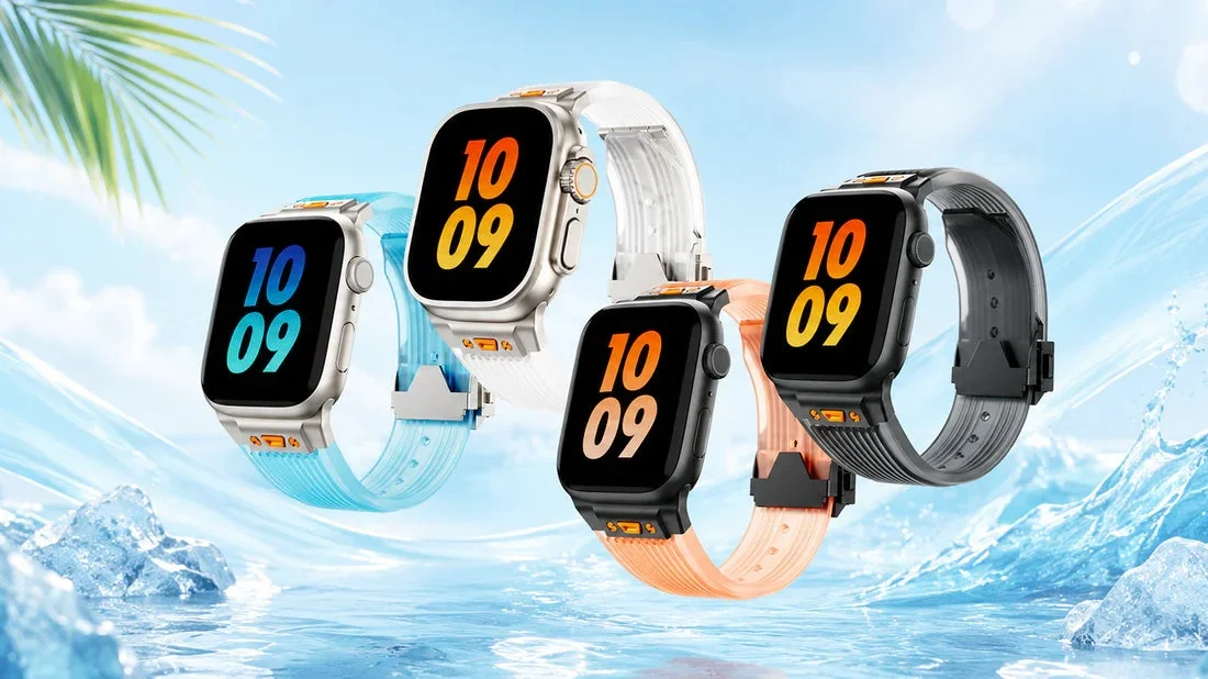 Multiple smartwatches with colorful bands in water