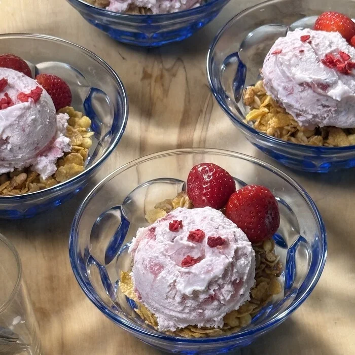 Strawberry ice cream with cereal