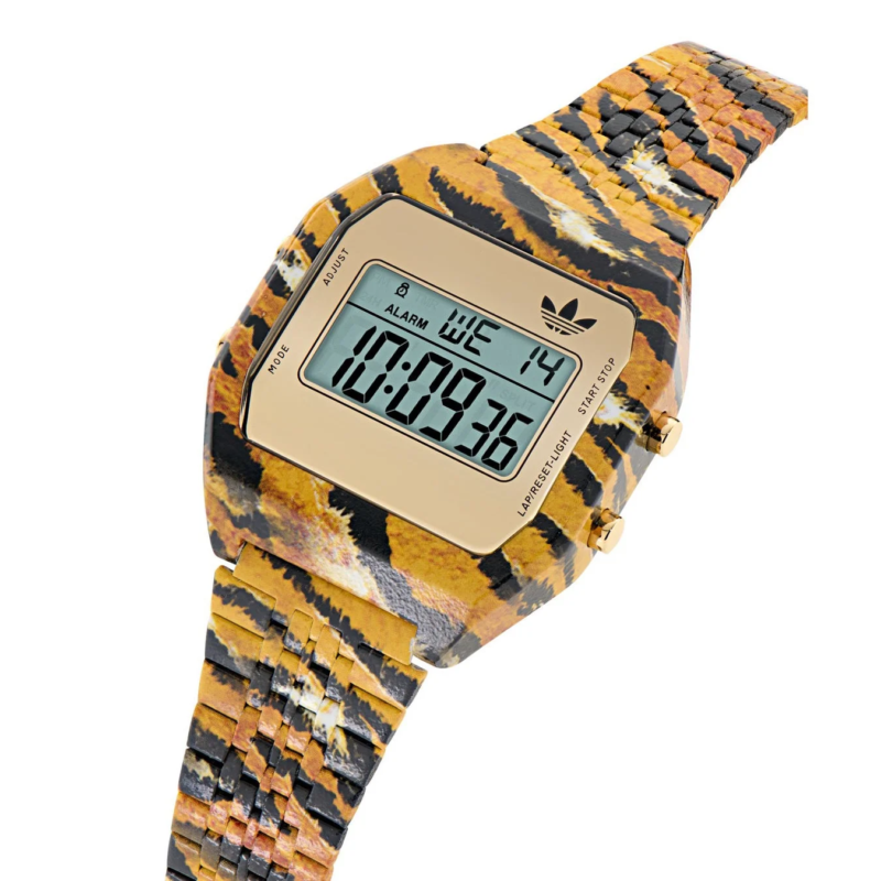 Close-up of a tiger print adidas Digital Two watch showing the digital display