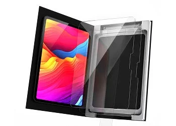 Image showing a liquid crystal protection film being applied to a tablet (iPad-like device).