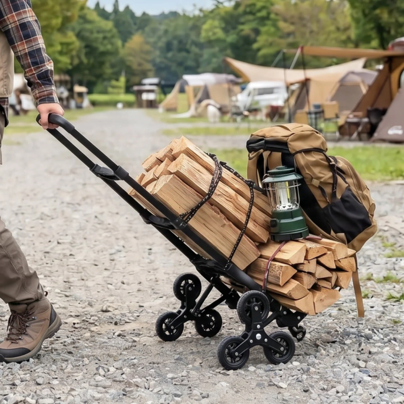 A person using the carry cart to transport firewood at a campsite