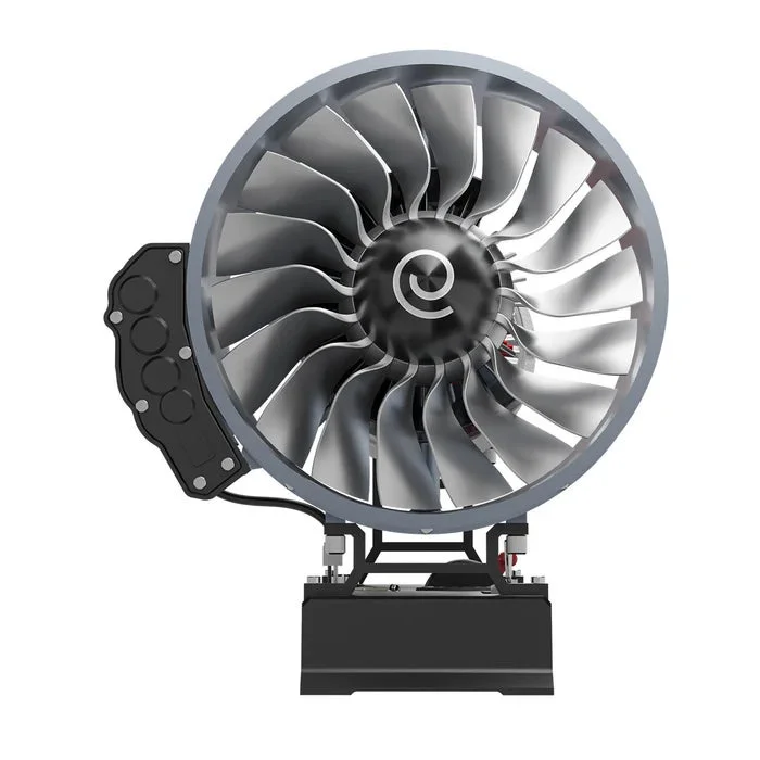 A close-up of the fan blades of a jet engine model.