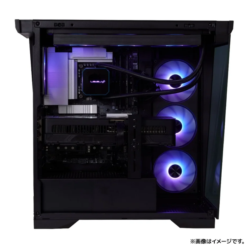 Internal view of a gaming PC with fans and liquid cooler