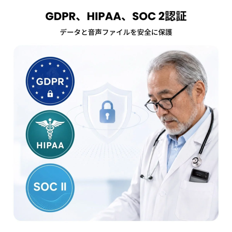 Image illustrating GDPR, HIPAA, and SOC 2 certifications for data and audio file protection