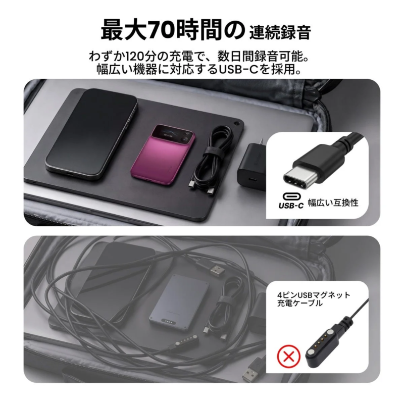 Image of a device with a USB-C port, highlighting 70 hours of continuous recording