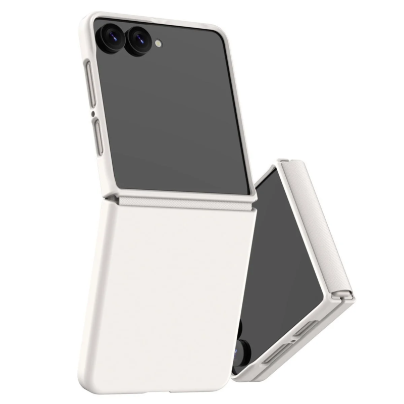 Two white folding smartphones with cases