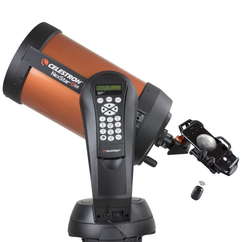Adapter on telescope with smartphone showing moon