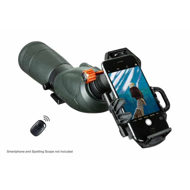 Adapter on spotting scope with smartphone showing bird