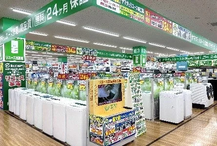Image of a used appliance section in a store, showing washing machines and refrigerators