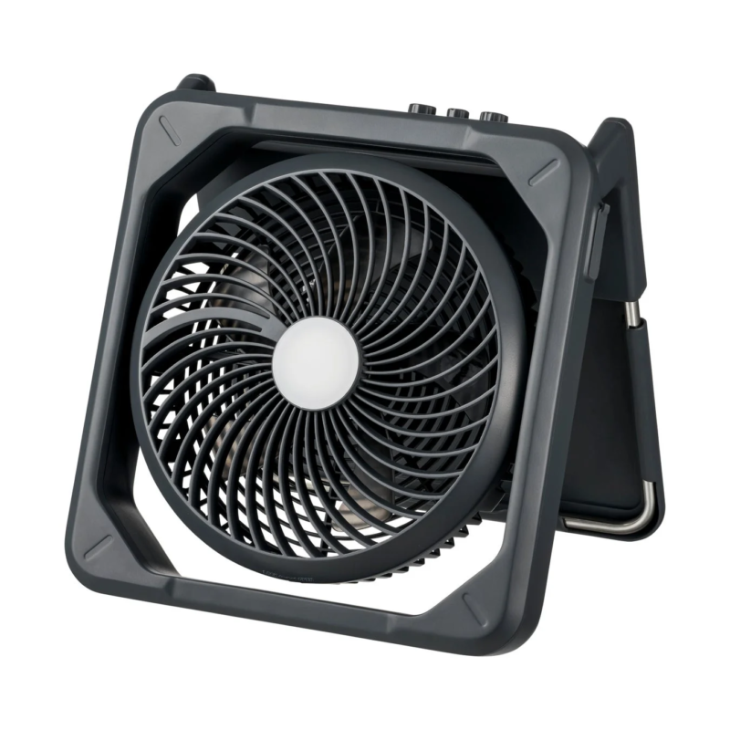 Dark grey portable fan on a white background