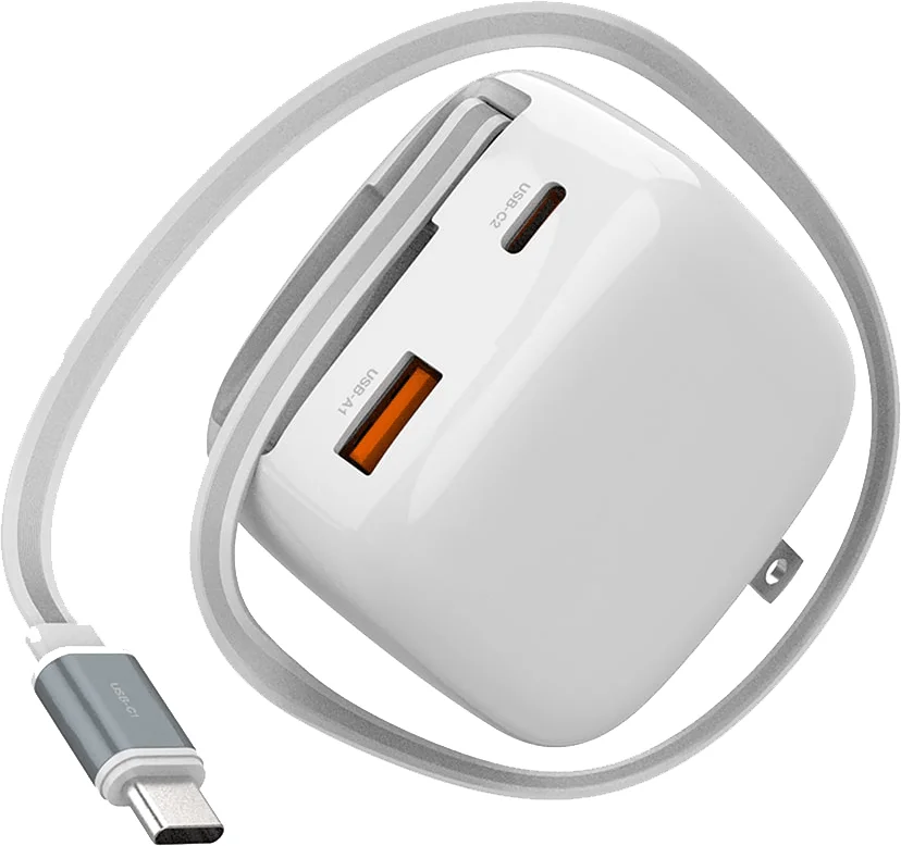 White compact USB charger with USB-A and USB-C ports, and a retractable USB-C cable.