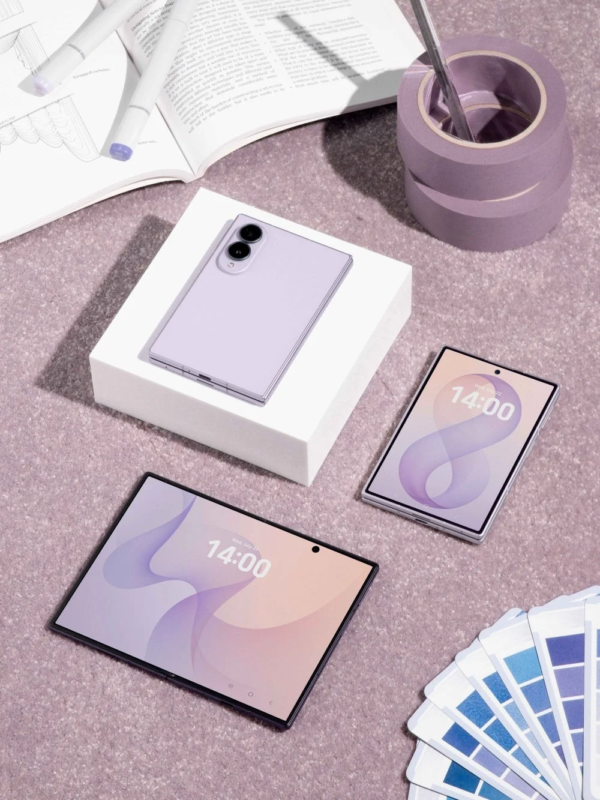 Lavender Galaxy Z Fold8 and tablet on a desk