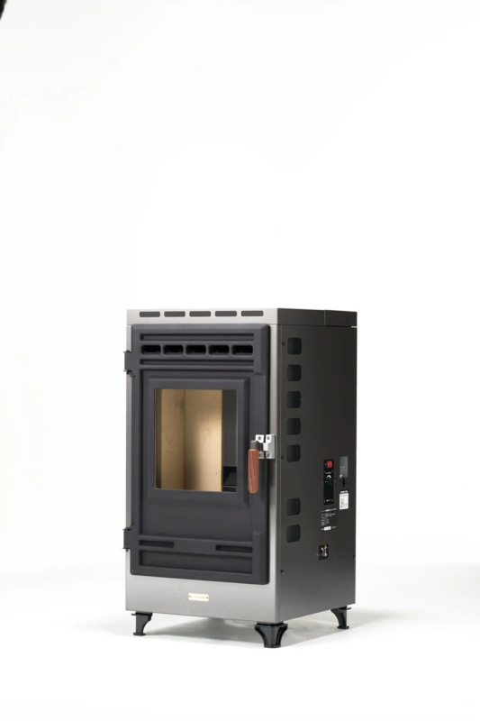 Modern design pellet stove in stainless steel and dark grey