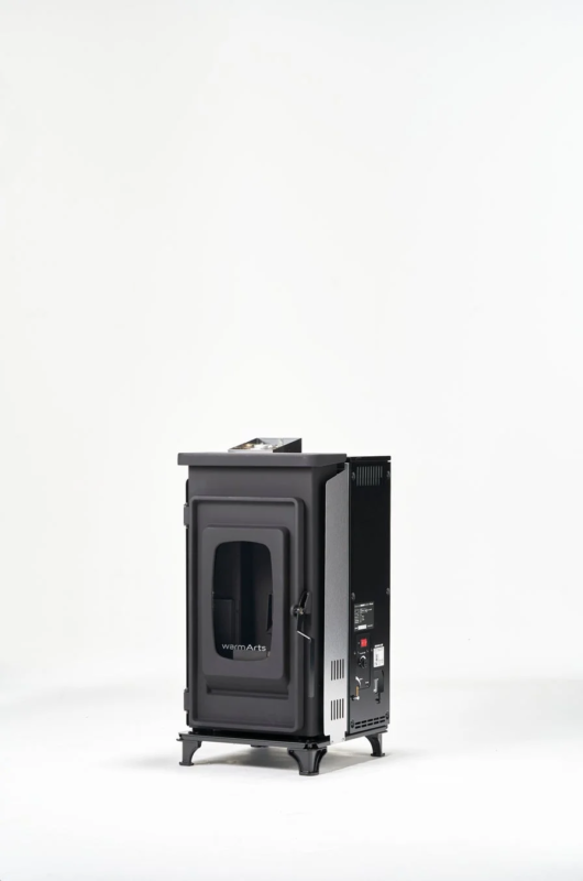 Black modern design stove with warmArts logo
