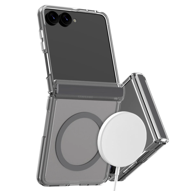 Folding smartphone with clear case and wireless charger