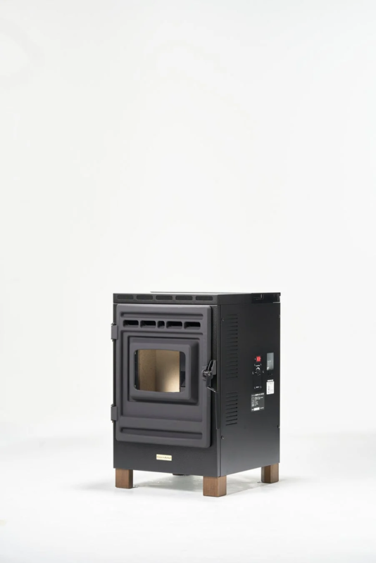 Black modern pellet stove with small window