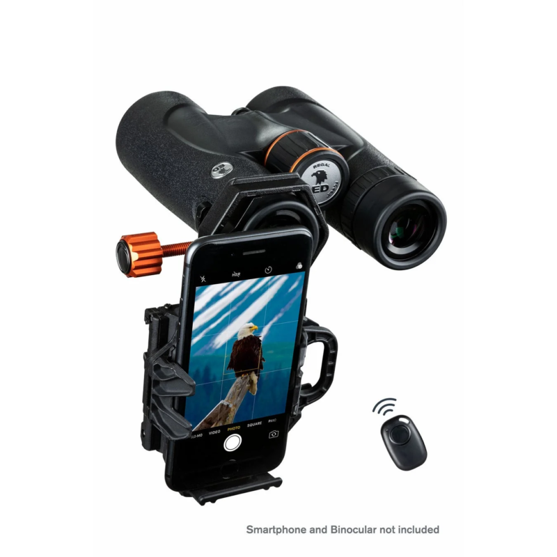 Adapter on binoculars with smartphone showing bird