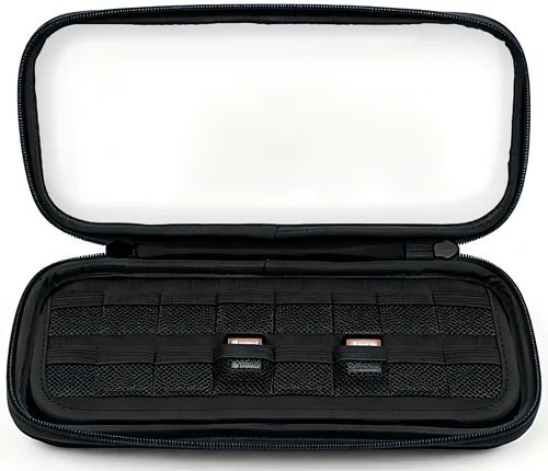 Open black carrying case with mesh pockets for game cartridges