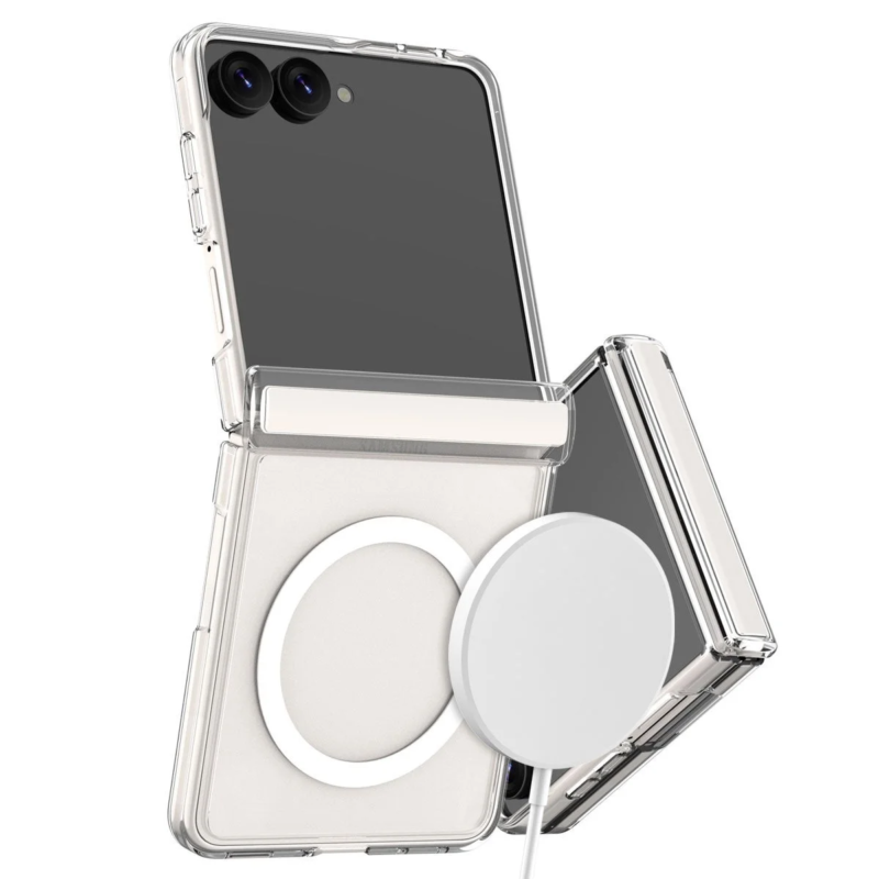 Samsung Galaxy Z Flip with clear MagSafe case and wireless charger