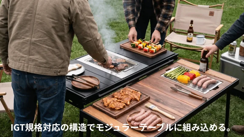 Friends enjoying BBQ with IGT table and grill