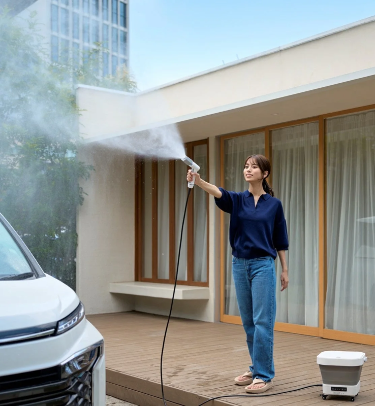 Woman washing car with a portable cleaner
