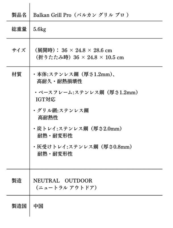 Detailed specifications of Balkan Grill Pro
