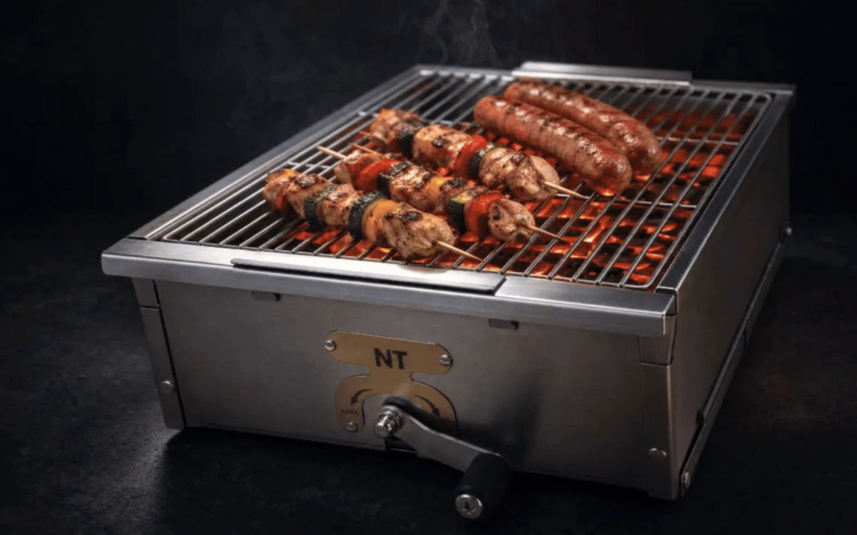 BBQ grill with sausages and skewers