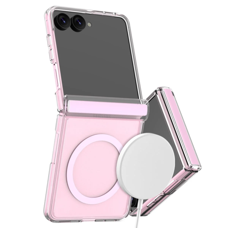 Pink folding smartphone with clear case and wireless charger